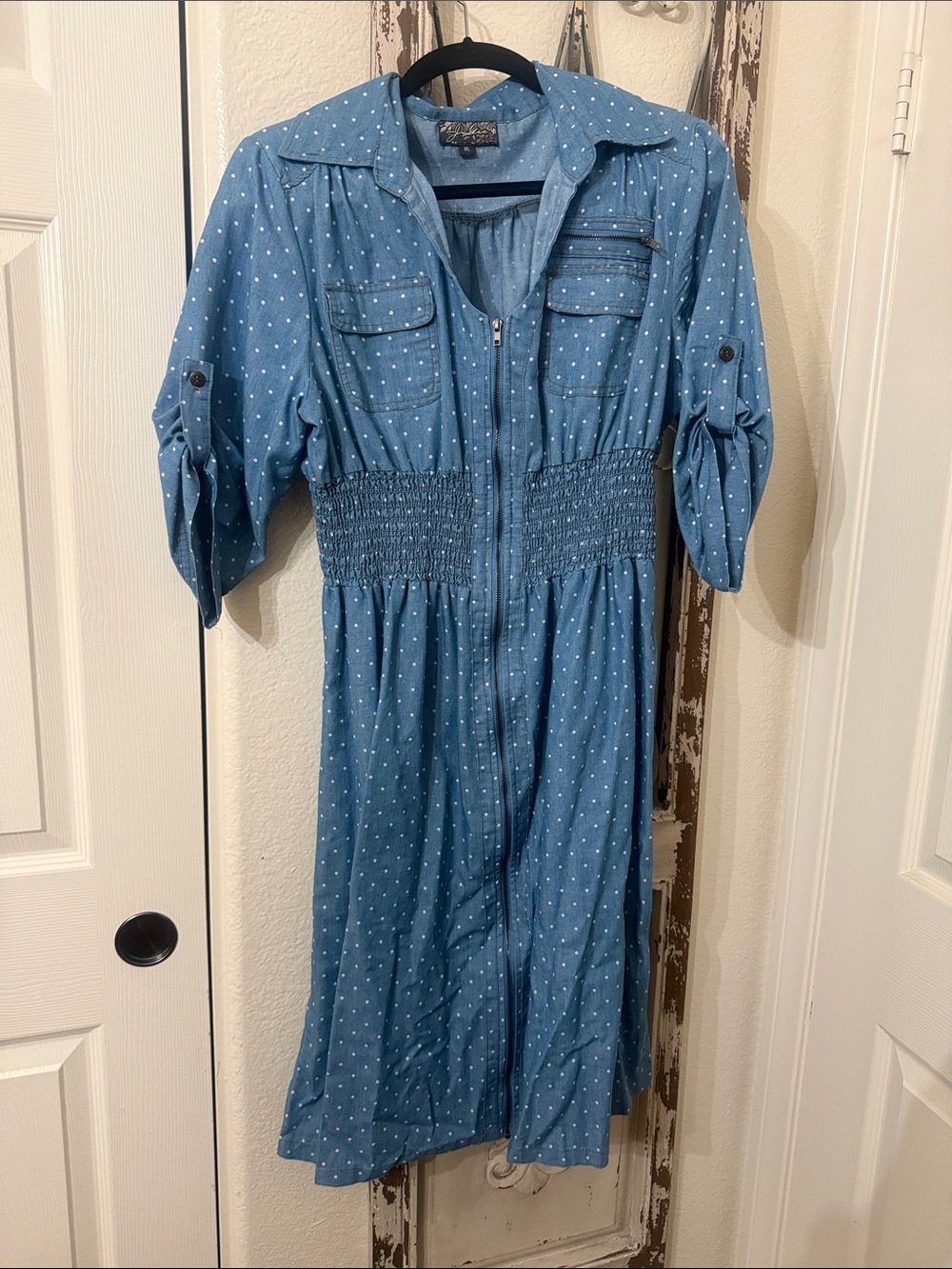 Polka Dot Blue Midi Shirtdress with Smocked Waist